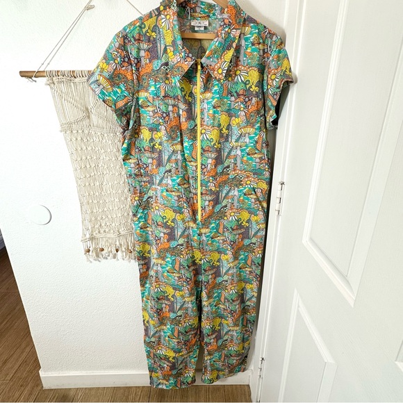 70s 60s Magnificent Mushroom Snail Flower Power Retro Hippie Teal Jumpsuit XL - Picture 10 of 12